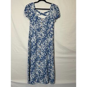 Springfield Women's Linen Blend Blue Floral Front Button Midi Sun Dress Size 8